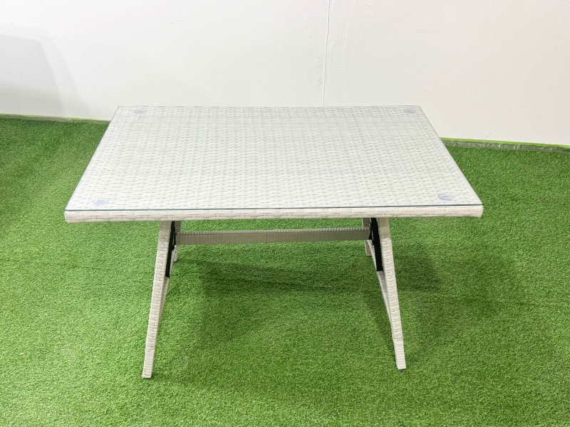 Fimous 7 Seater Garden Outdoor Rattan Furniture Set Rattan Corner Sofa Oblong Dining Table Set with Big Footstool Light Grey Mixed