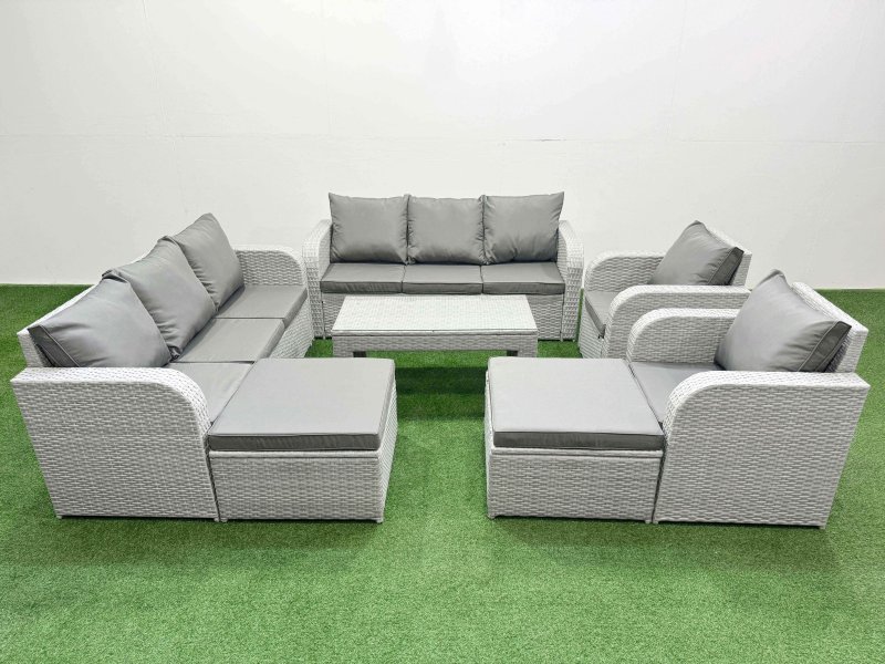 Fimous PE Rattan High Back Lounge Sofa Set Patio Oblong Coffee Table & Chairs Set with 3 Seater Sofa Reclining Chair 2 Big Footstool Light Grey