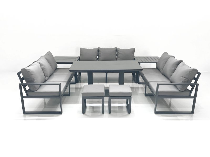 Fimous 11 Seater Garden Sofa Set Aluminium Furniture Rising Dining Tabe Set with 2 Side Tables 2 Small Footstools Dark Grey