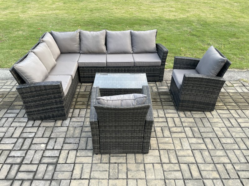 Fimous 8 Seater High Back Outdoor Garden Furniture Set Rattan Corner Sofa Set With Rectangular Coffee Table 2 Armchairs Dark Grey Mixed