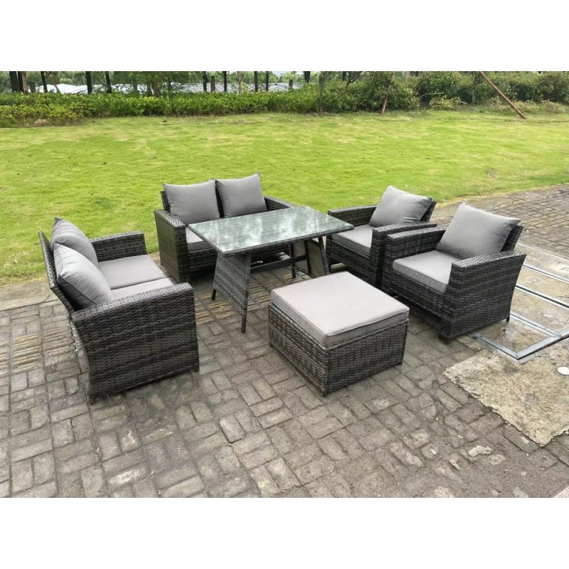 Fimous 7 Seater Outdoor Dark Grey Mixed High Back Rattan Sofa Dining Table Set Garden Furniture Love Sofa Arm Chair