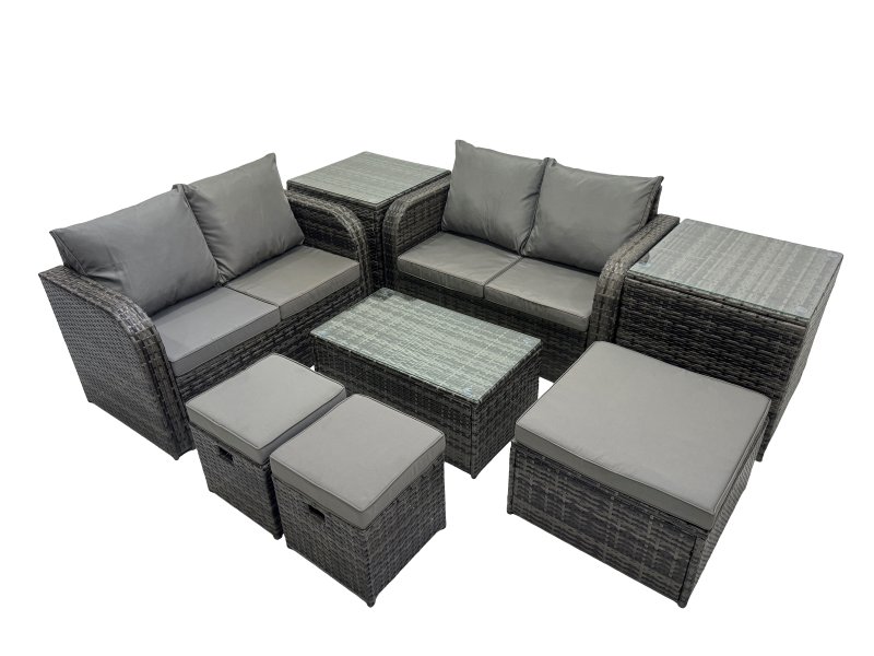 Fimous Outdoor Love Sofa Coffee Table Set Garden Rattan Furniture Set 7 Seater with 3 Stools 2 Side Tables Dark Grey