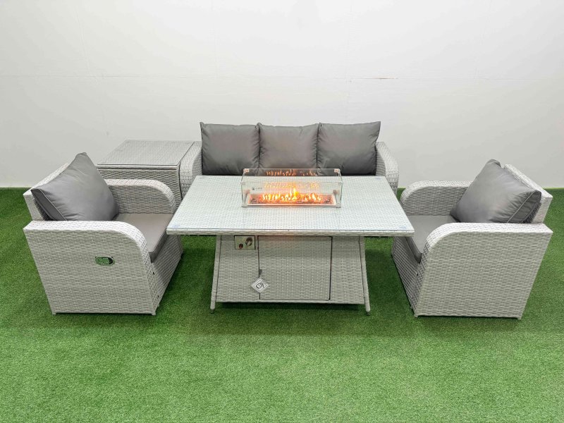 Fimous PE Rattan Garden Furniture Set Reclining Chair Sofa Lounge Sofa Set Firepit Dining Table Side Table Light Grey