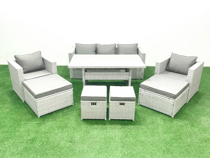 Fimous Rattan Garden Furniture Set Outdoor 9 Seater Patio Dining Sets with Glass Top Dining Table Light Grey Mixed
