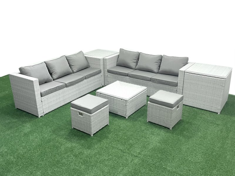 Fimous Rattan Garden Outdoor Furniture Set 8 Seater Rattan Garden Sofa Set with 2 Small Footstool 2 Side Tables Light Grey Mixed