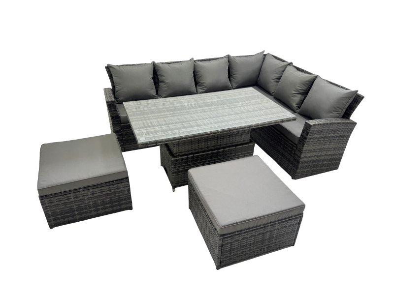 Fimous 8 Seat Rattan Garden Furniture Corner Sofa Set Outdoor Adjustable Lifting Dining or Coffee Table Set with 2 Big Footstools Dark Grey Mixed