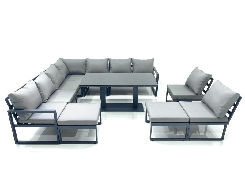 Fimous 11 Seater Outdoor Aluminum Garden Furniture Set Corner Sofa 2 Big Footstools Rising Lifting Dining Table Sets Dark Grey