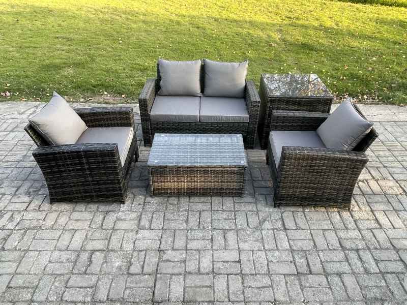 Fimous Outdoor Lounge Sofa Set Wicker PE Rattan Garden Furniture Set with Rectangular Coffee Table Double Seat Sofa Side Table Dark Grey Mixed