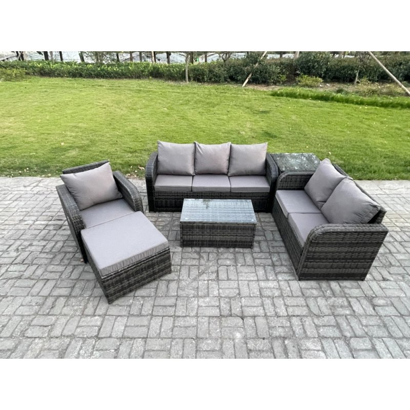 Fimous Patio Garden Furniture Sets Wicker 7 Seater Outdoor Rattan Furniture Sofa Sets with Rectangular Coffee Table Reclining Chair 3 Seater Sofa Big Footstool Side Table