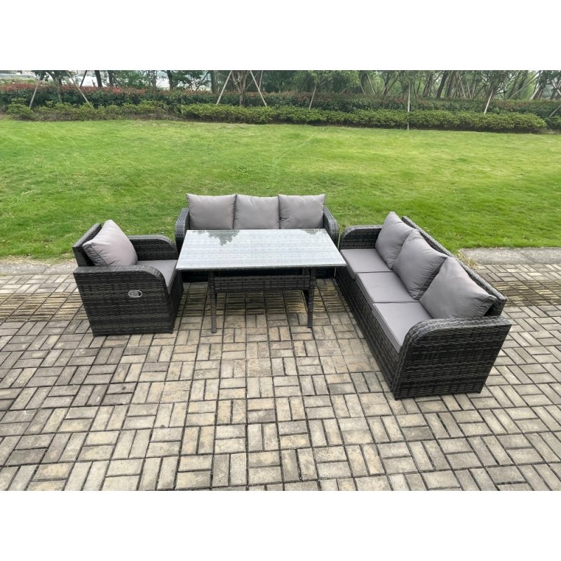 Fimous 7 Seater Lounge Rattan Sofa Set Outdoor Garden Furniture Oblong Rectangular Dining Table With Adjustable Chair Dark Grey Mixed