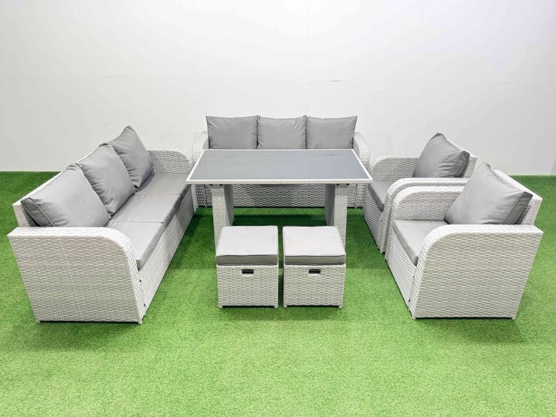 Fimous 10 Seater Wicker PE Rattan Furniture Outdoor Dining Table 3 Seater Sofa Reclining Chair Set with 2 Small Stools Light Grey