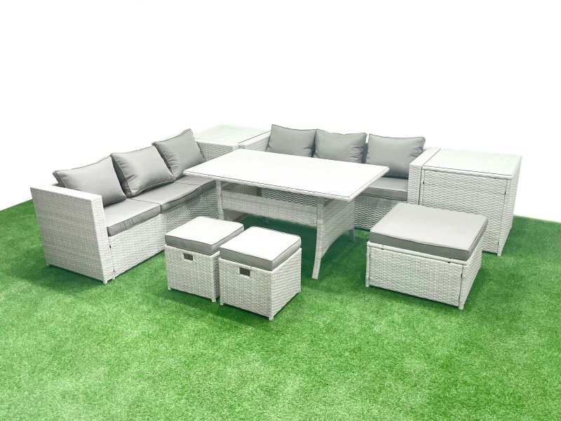 Fimous Rattan Garden Furniture Set 9 Seater Outdoor Sofa Set with Dining Table 2 Side Tables 3 Footstools Light Grey Mixed