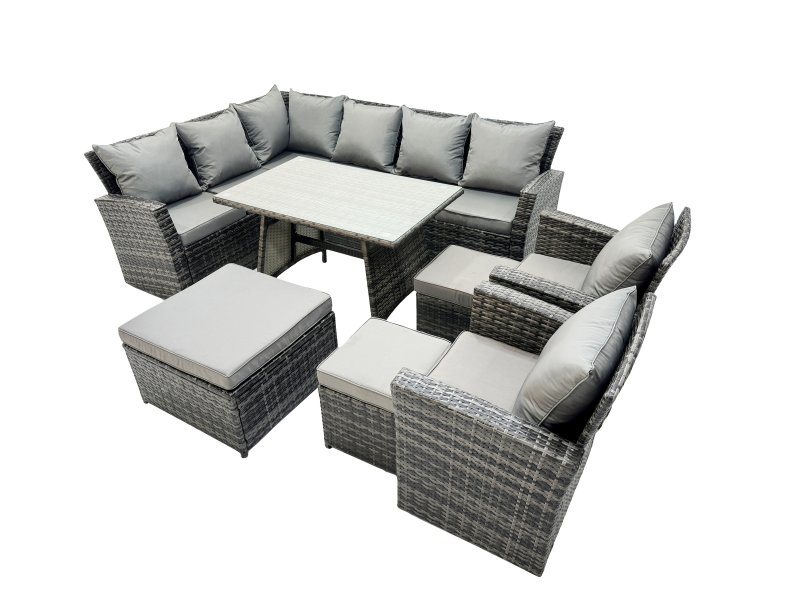 Fimous 11 Seat Rattan High Back Corner Sofa Set Patio Dining Table Set with 3 Stools Dark Grey Mixed