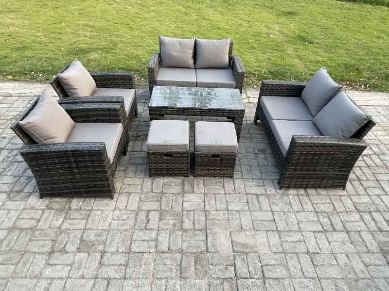 Fimous 8 Seater Dark Grey Mixed High Back Rattan Sofa Set Coffee Table Garden Furniture Outdoor Patio With Love Sofa Arm Chairs 2 Small Footstools