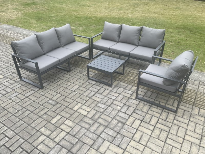 Fimous Aluminium 7 Seater Outdoor Garden Furniture Lounge Sofa Set with Square Coffee Table Chair Dark Grey