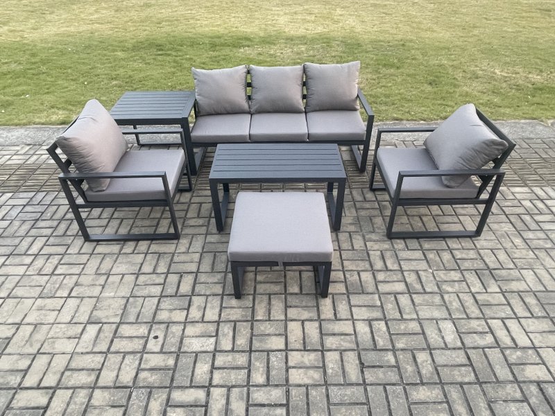 Fimous Aluminium Patio Outdoor Furniture Set 6 Seater Garden Sofa with Oblong Coffee Table Big Footstool 2 Armchairs Side Table Dark Grey