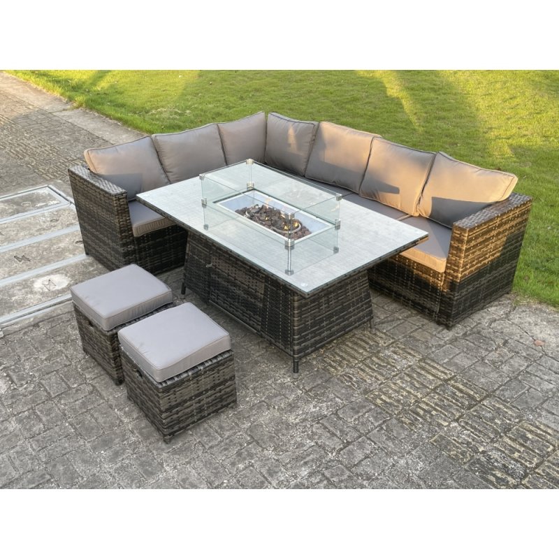 Fimous 8 Seater PE Rattan Corner Sofa Set Gas Fire Pit Dining Table Set Heater With 2 Small Stools