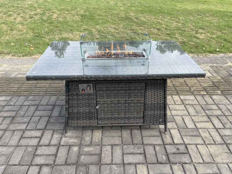 Fimous 5 Pieces Garden Furniture Sets Poly Rattan Outdoor Patio Gas Firepit Dining Table Sofa Set with 2 Small Footstools