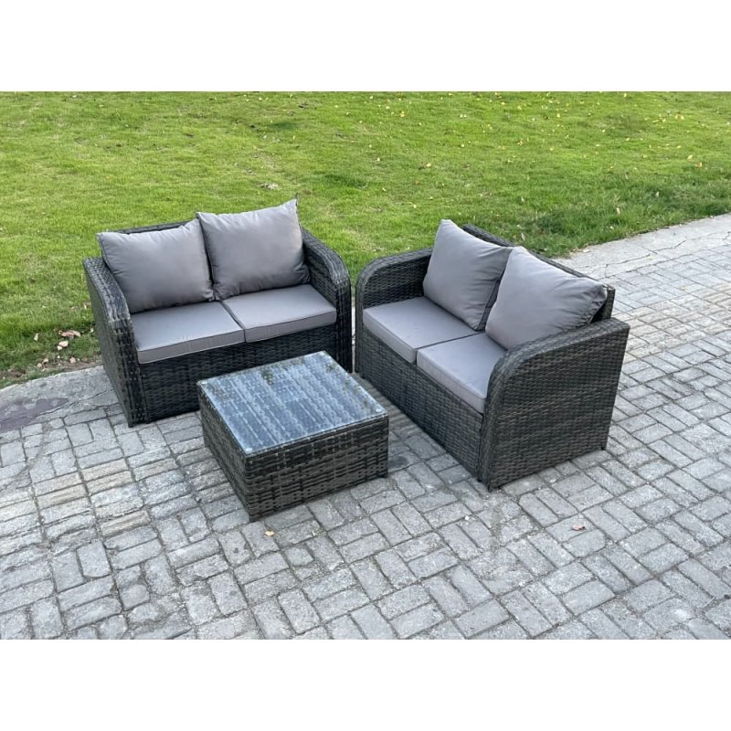 Fimous Rattan Sofa Set Outdoor Garden Furniture Set with Square Coffee Table Loveseat Sofa Dark Grey Mixed