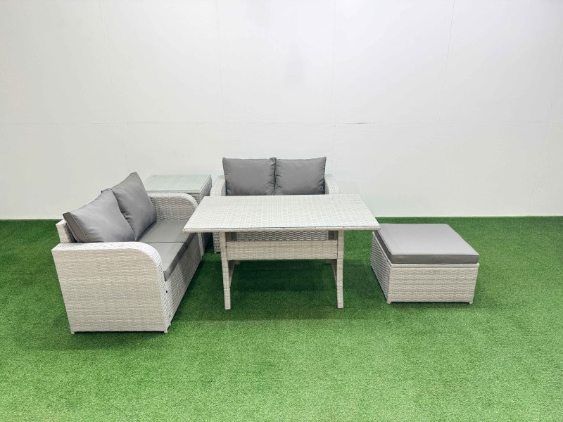 Fimous 5 Seater Outdoor Love Sofa Set Rattan Garden Furniture Set with Rectangular Dining Table Big Footstool Side Table Light Grey