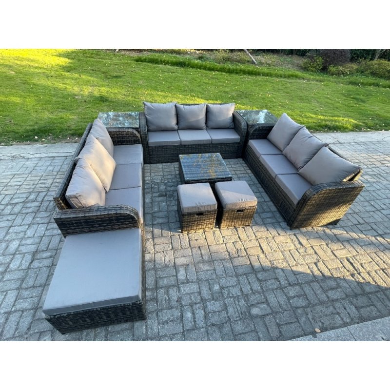 Fimous 12 Seater Rattan Outdoor Furniture Set Patio Garden Sofa Set with Square Coffee Table 3 Seater Sofa 3 Footstools 2 Side Tables Dark Grey Mixed