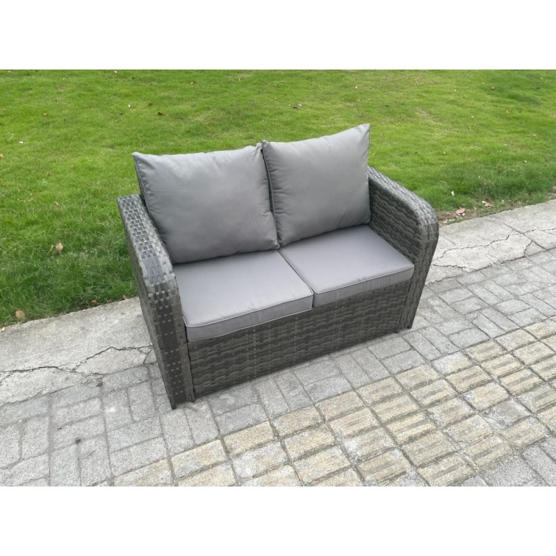 Fimous Wicker PE Rattan Garden Furniture Set Outdoor Lounge Sofa Set with Love Sofa Square Coffee Table Side Table Big Footstool Dark Grey Mixed