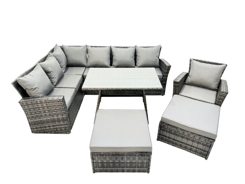 Fimous 9 Seat Rattan High Back Corner Sofa Set Patio Dining Table Set with Big Stool Dark Grey Mixed