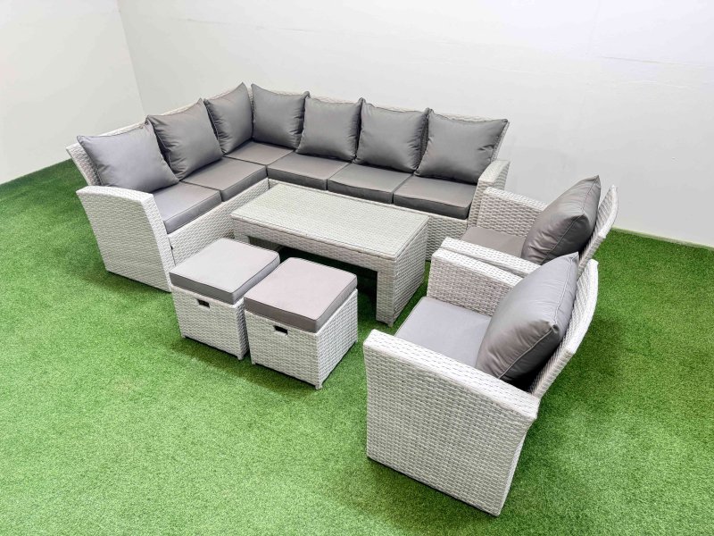 Fimous Rattan Garden Furniture Set Outdoor 10 Seater Corner Sofa Sets with Oblong Coffee Table Chair 2 Small Footstool Light Grey Mixed