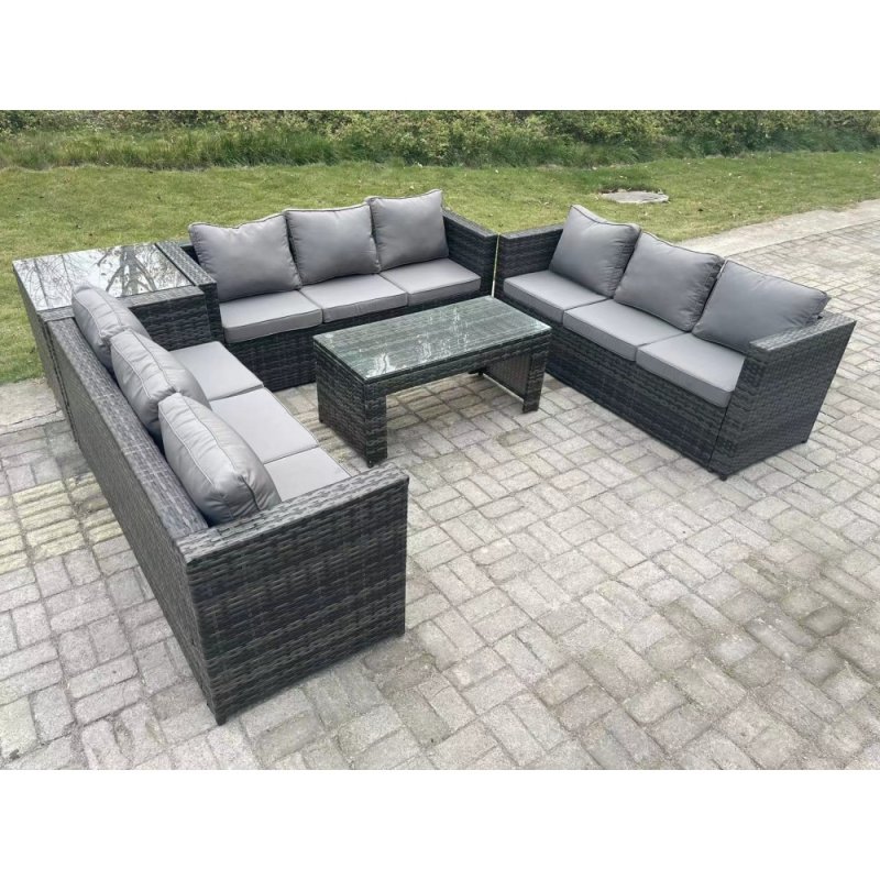 Fimous Outdoor Rattan Garden Furniture Lounge Sofa Set With Oblong Rectagular Coffee Table And Side Table
