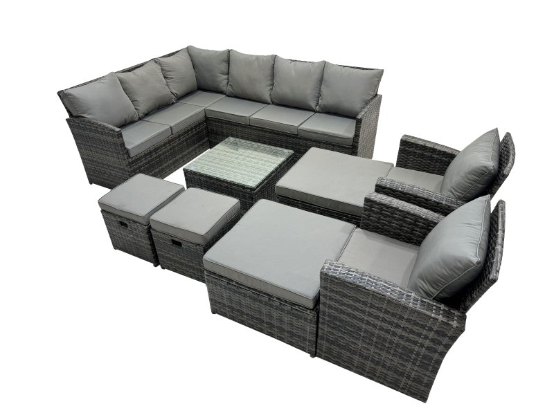 Fimous 12 Seat Poly Rattan Outdoor Patio Coffee Table Corner Sofa Set with 4 Stools 2 Chairs for Garden Backyard Dark Grey Mixed