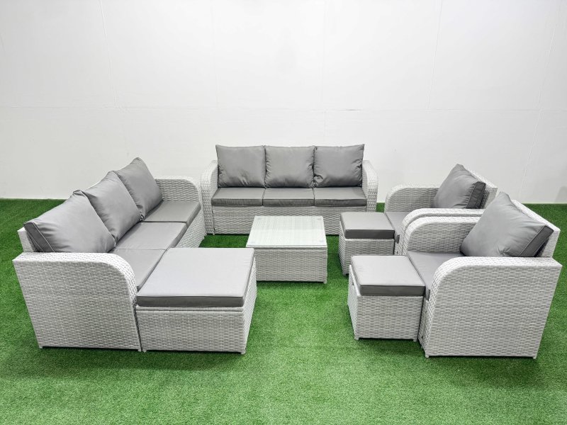 Fimous PE Rattan High Back Lounge Sofa Set Patio Square Coffee Table & Chairs Set with 3 Seater Sofa Reclining Chair 3 Stools Light Grey