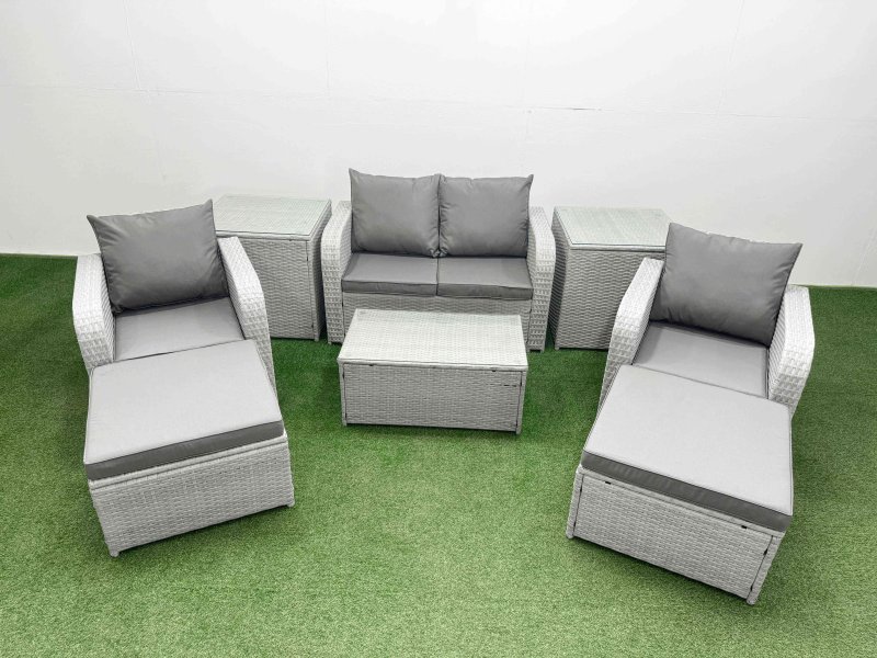 Fimous Light Grey PE Wicker Rattan Garden Furniture Set Sofa Set Reclining Adjustable Chair Rectangular Coffee Table 6 Seater 2 Big Stools 2 Side Table