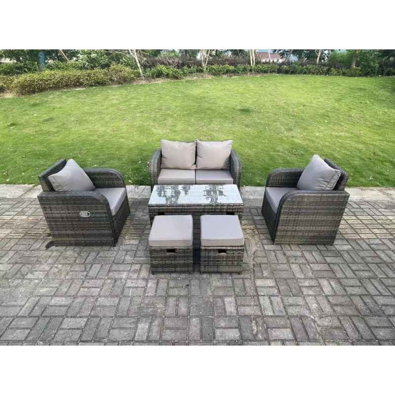 Fimous Dark Grey PE Wicker Rattan Garden Furniture Set Love Sofa Reclining Chair Outdoor Rectangular Coffee Table Stools 6 Seater
