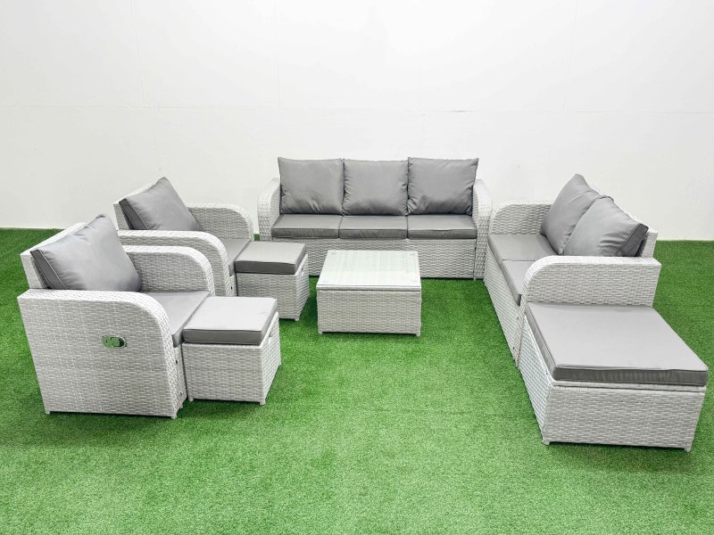 Fimous PE Rattan Garden Furniture Set Adjustable Chair Sofa Double Love Seat 2 Seater Sofa Lounge Set Square Coffee Table 3 Stools Light Grey