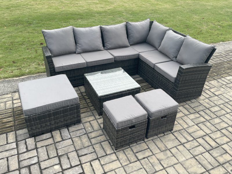 Fimous Rattan Garden Furniture Set Outdoor Lounge Corner Sofa Set With Square Coffee Table 3 Footstools 9 Seater Dark Grey Mixed