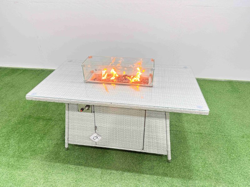 Fimous 7 Seat Rattan Garden Furniture Corner Sofa Set Outdoor Gas Fire Pit Table Set with Armchair Light Grey