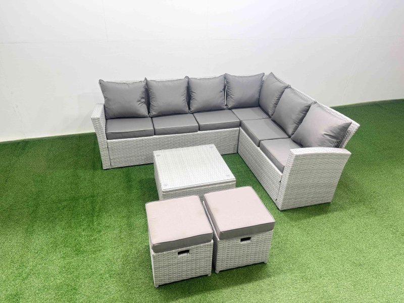 Fimous Garden Outdoor PE Rattan Furniture Set 8 Seater Rattan Garden Sofa Set with Square Coffee Table Light Grey Mixed