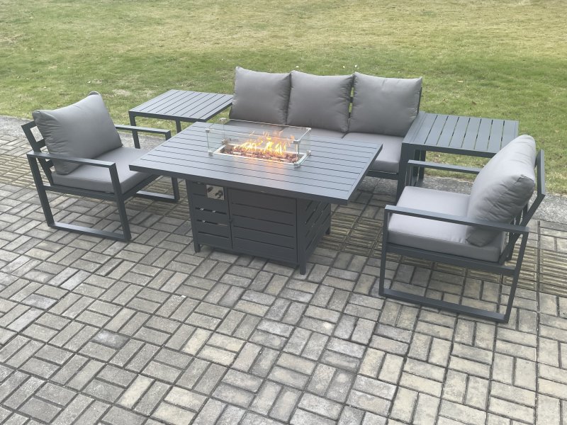 Fimous Aluminium Outdoor Garden Furniture Set Gas Fire Pit Dining Table Set Gas Heater Burner with 2 Arm Chair 2 Side Tables Dark Grey 5 Seater