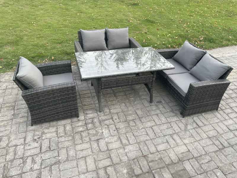 Fimous 5 Seater Wicker Rattan Garden Dining Set Outdoor Furniture Sofa with Dining Table Double Seat Sofa Dark Grey Mixed
