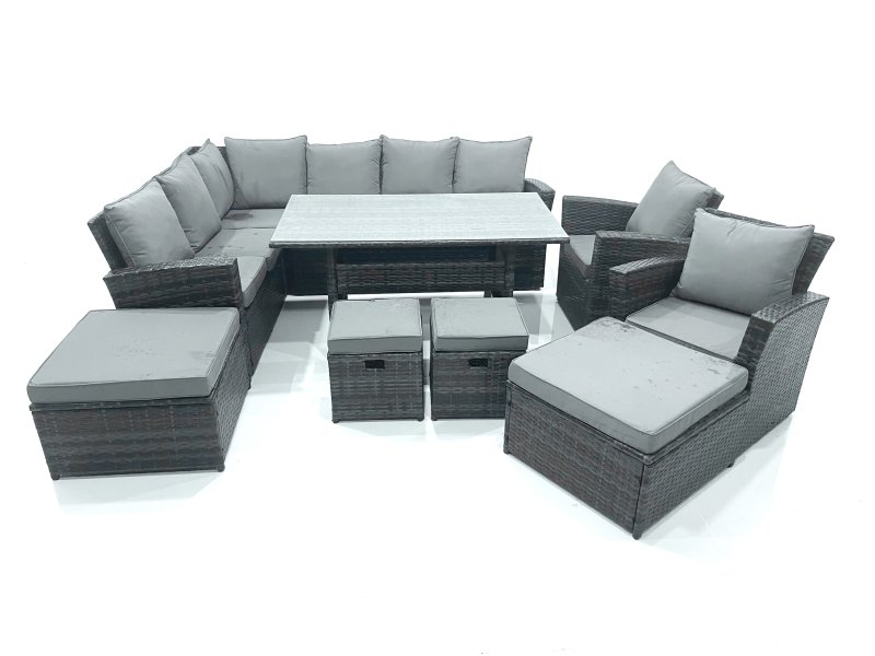 Fimous Outdoor Furniture Garden Dining Set Rattan Corner Sofa Set with 4 Footstools 2 Armchairs Dark Grey Mixed