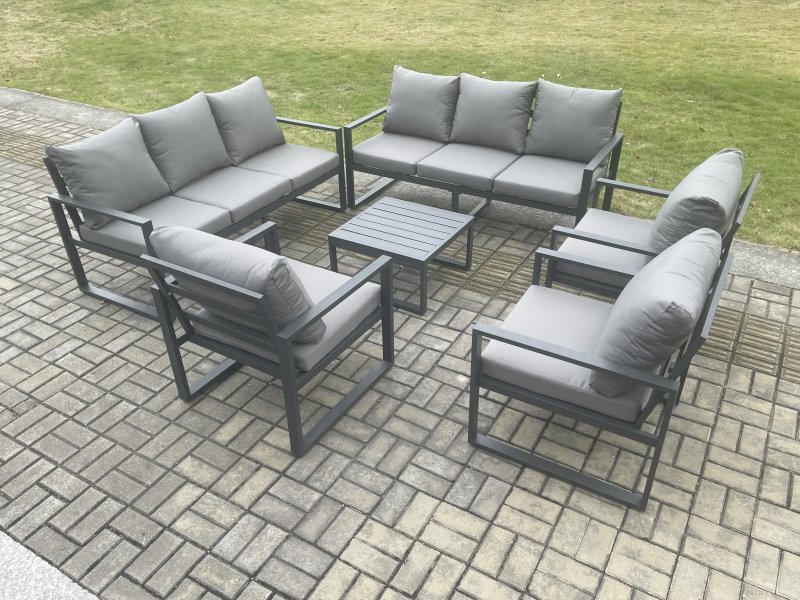 Fimous Aluminium Outdoor Garden Furniture Set Patio Lounge Sofa with Square Coffee Table 3 Armchairs Dark Grey