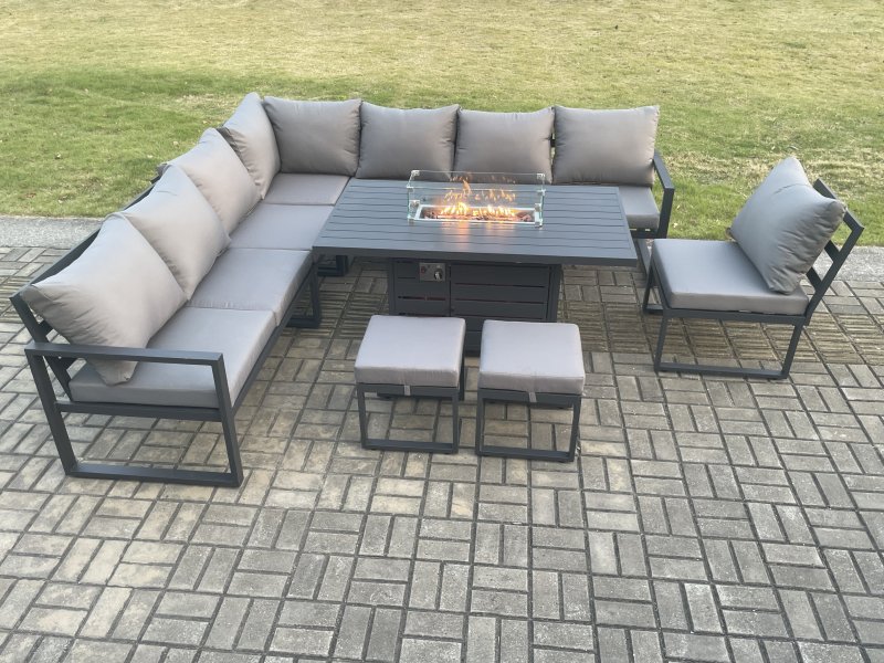Fimous Aluminium Lounge Corner Sofa Outdoor Garden Furniture Sets Gas Fire Pit Dining Table Set with 2 Small Footstools Dark Grey