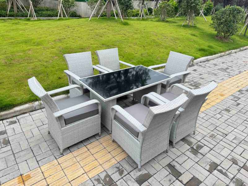 Fimous Light Grey Rattan Outdoor Garden furniture Set Black Tempered Glass Dining Table and 6 Chairs Set with Seat Cushion