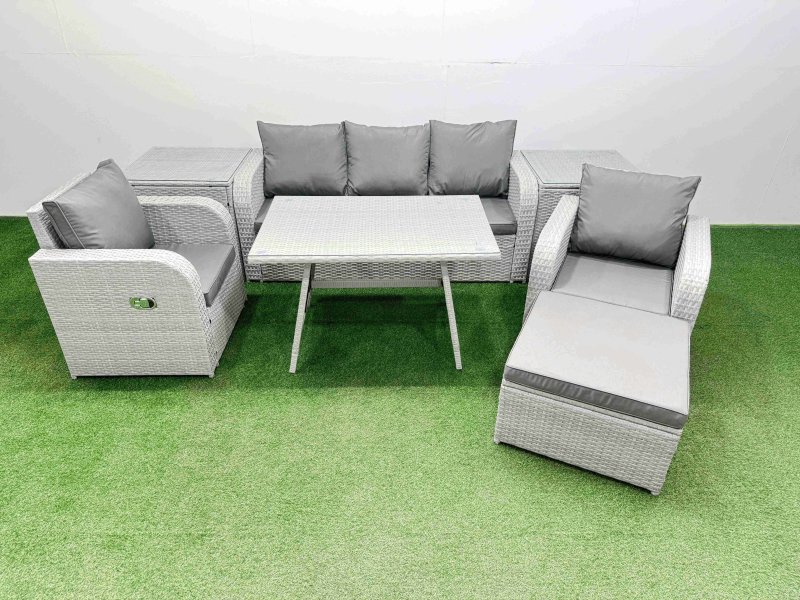 Fimous Reclining Chair 3 Seat Sofa Set Garden Furniture Set with Rectangular Dining Table 2 Side Tables Big Footstool Light Grey