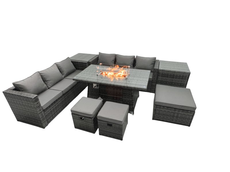 Fimous Rattan Garden Furniture Firepit Dining Set 9 Seater Lounge Sofa Table Set with 2 Side Table 3 Footstool