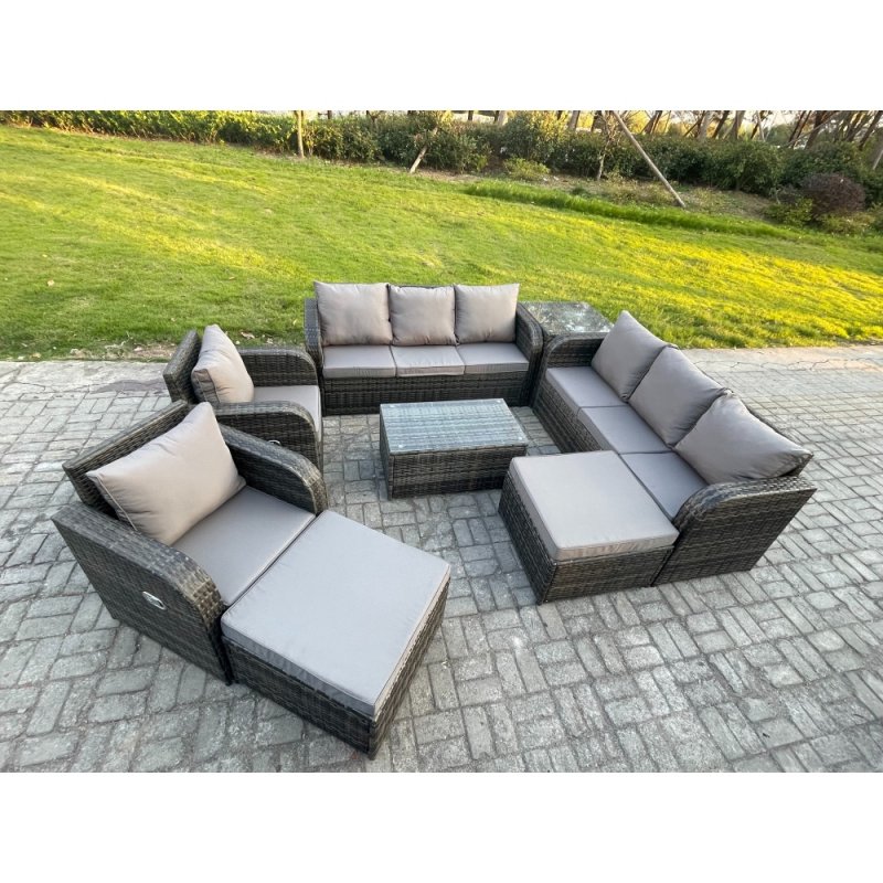 Fimous 10 Seater Rattan Outdoor Garden Furniture Sofa Set Patio Table & Chairs Set with 3 Seater Sofa Reclining Chair 2 Big Footstool 3 Seater Sofa Side Table Dark Grey Mixed