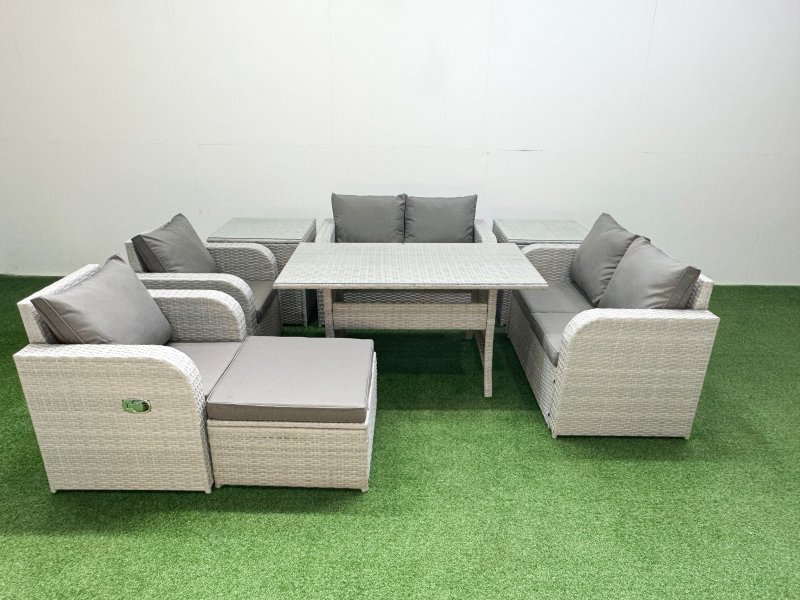 Fimous 7 Seater Outdoor Reclining Chair Love Sofa Set Rattan Garden Furniture Set with Rectangular Dining Table Footstool 2 Side Tables Light Grey