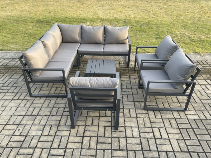 Fimous 8 Seater Outdoor Aluminium Garden Furniture Set Corner Lounge Sofa Set with Square Coffee Table Chair Dark Grey