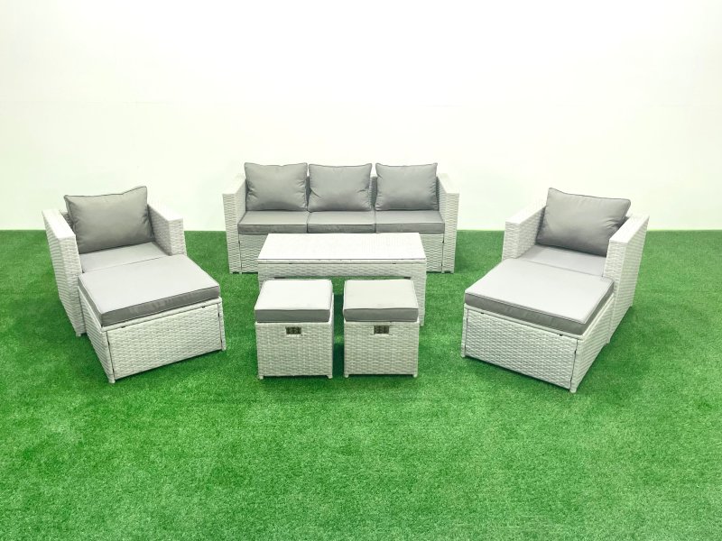 Fimous Rattan Garden Furniture Set Outdoor Lounger Sofa with Coffee Table 4 Footstools Light Grey Mixed 9 Seater