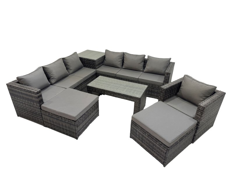 Fimous Garden Rattan Outdoor Furniture Set 9 Seater Patio Corner Sofa Oblong Coffee Table with Chair 2 Big Stool Side Table Dark Grey